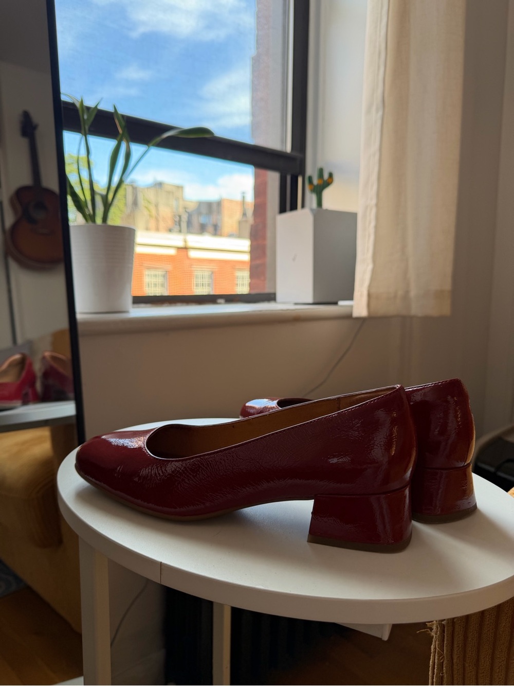 Red Leather Block Heel Pumps